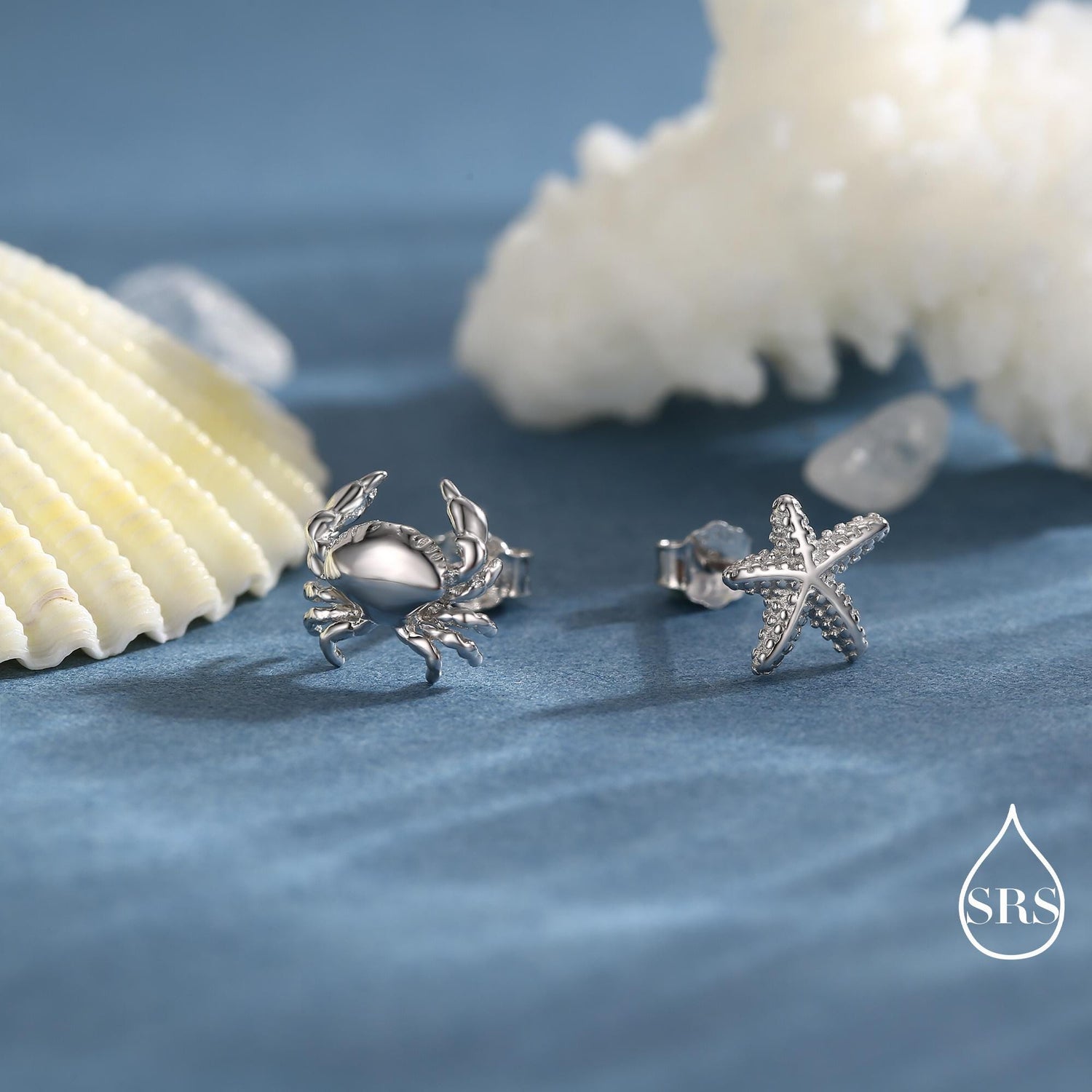 Sterling Silver Mismatched Crab and Starfish Stud Earrings, Asymmetric Ocean Creature Earrings, Cute and Quirky