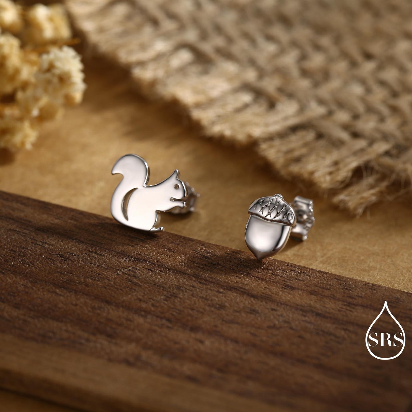 Mismatched Squirrel and Acorn Stud Earrings in Sterling Silver, Silver or Gold, Squirrel Earrings, Asymmetric Squirrel Earrings