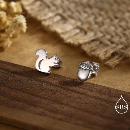 Mismatched Squirrel and Acorn Stud Earrings in Sterling Silver, Silver or Gold, Squirrel Earrings, Asymmetric Squirrel Earrings