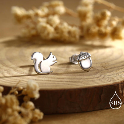 Mismatched Squirrel and Acorn Stud Earrings in Sterling Silver, Silver or Gold, Squirrel Earrings, Asymmetric Squirrel Earrings