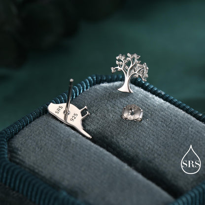 Mismatched Robin Bird and Tree Stud Earrings in Sterling Silver, Cute Enamel Robin Bird Earrings, Nature Inspired Animal Earrings