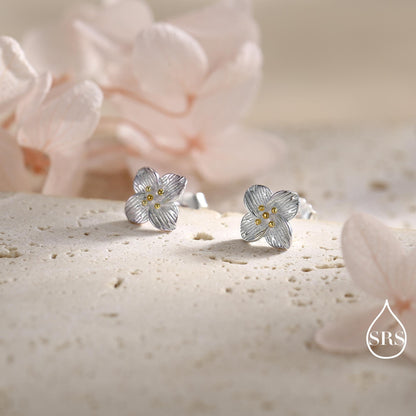 Dainty Flower Stud Earrings in Sterling Silver, Two Tone Silver Dogwood Flower Earrings, Nature Inspired Earrings, Plant Earrings