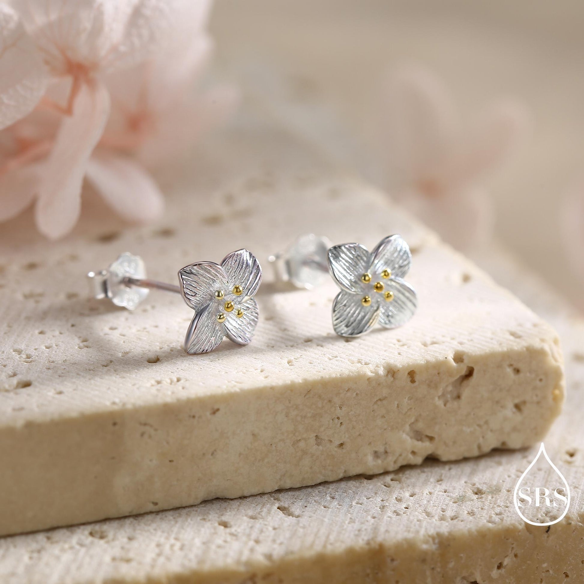 Dainty Flower Stud Earrings in Sterling Silver, Two Tone Silver Dogwood Flower Earrings, Nature Inspired Earrings, Plant Earrings