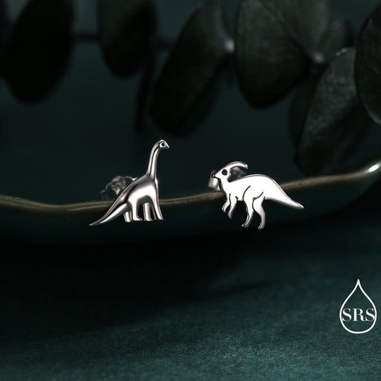 Mismatched Dinosaur Stud Earrings in Sterling Silver, Asymmetric Parasaurolophus and Brachiosaurus Dino Earrings