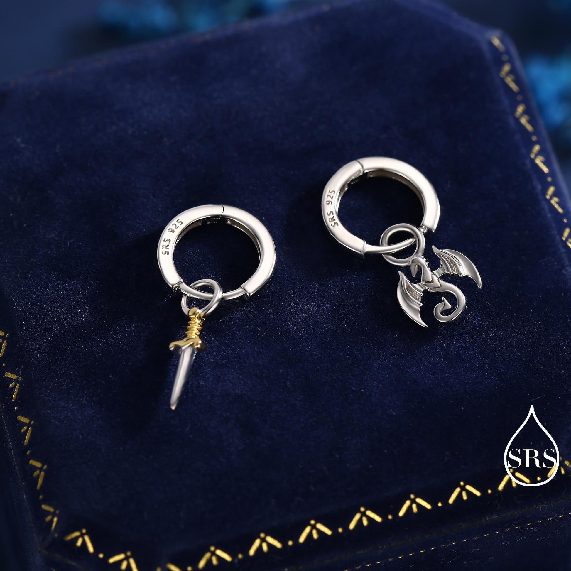 Sterling Silver Mismatched Dragon and Sword Huggie Hoops, Detachable Asymmetric Dragon and Sword Hoop Earrings