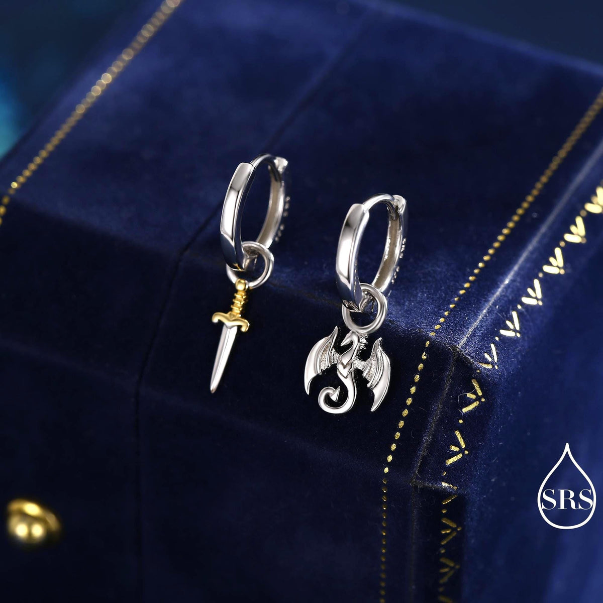 Sterling Silver Mismatched Dragon and Sword Huggie Hoops, Detachable Asymmetric Dragon and Sword Hoop Earrings