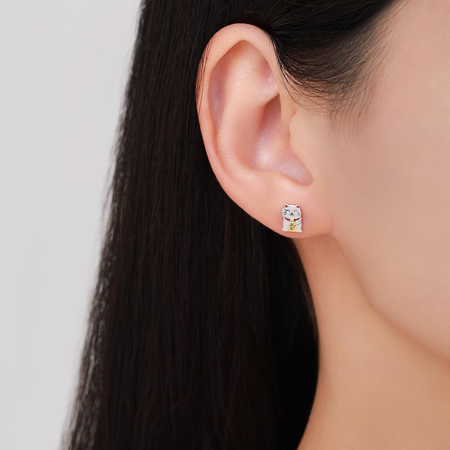 Super Cute Japanese Maneki-neko Cat Stud Earrings in Sterling Silver - Animal Stud Earrings - Cute Money Cat, Waving Cat Stud, Cat Earrings