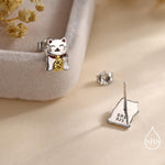 Super Cute Japanese Maneki-neko Cat Stud Earrings in Sterling Silver - Animal Stud Earrings - Cute Money Cat, Waving Cat Stud, Cat Earrings