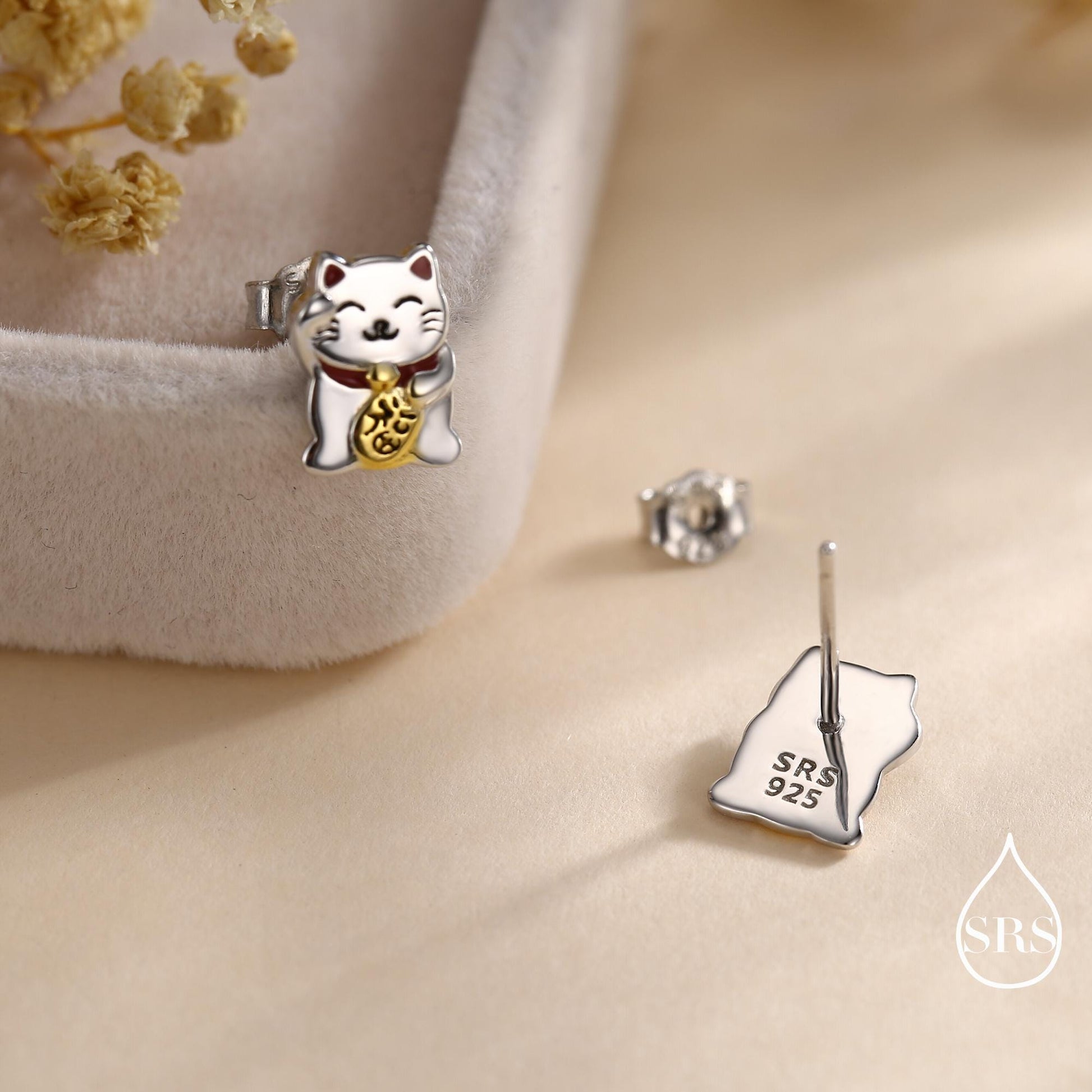 Super Cute Japanese Maneki-neko Cat Stud Earrings in Sterling Silver - Animal Stud Earrings - Cute Money Cat, Waving Cat Stud, Cat Earrings