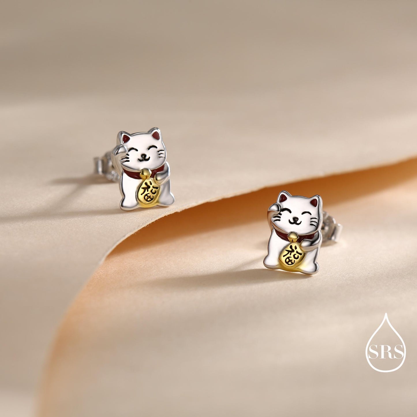 Super Cute Japanese Maneki-neko Cat Stud Earrings in Sterling Silver - Animal Stud Earrings - Cute Money Cat, Waving Cat Stud, Cat Earrings