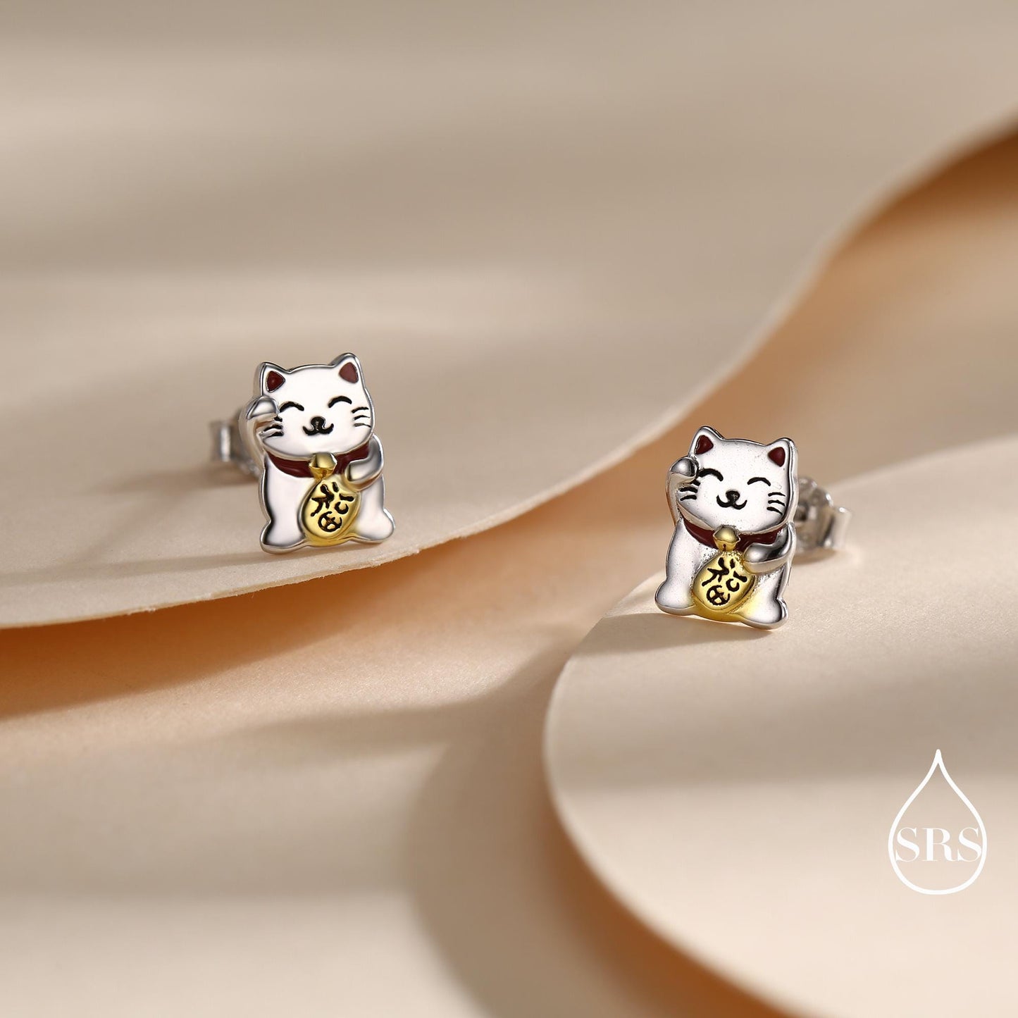 Super Cute Japanese Maneki-neko Cat Stud Earrings in Sterling Silver - Animal Stud Earrings - Cute Money Cat, Waving Cat Stud, Cat Earrings