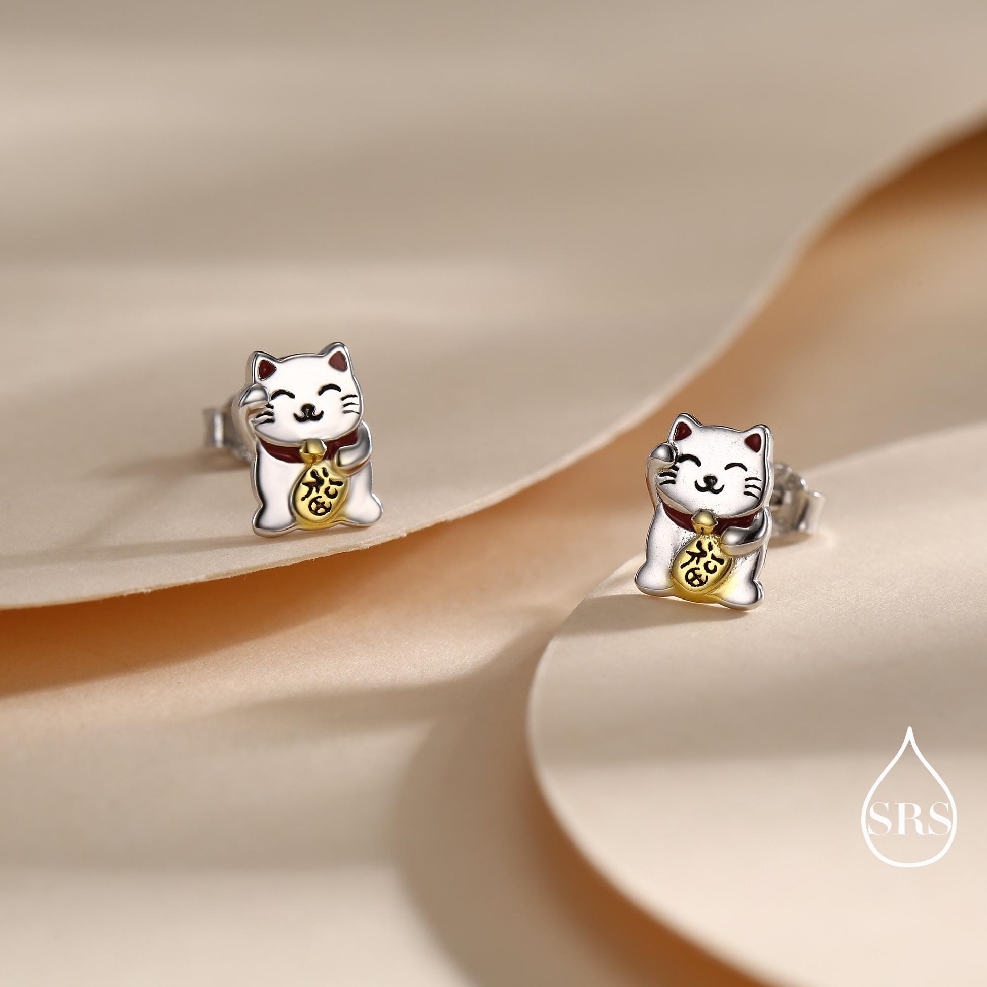 Super Cute Japanese Maneki-neko Cat Stud Earrings in Sterling Silver - Animal Stud Earrings - Cute Money Cat, Waving Cat Stud, Cat Earrings