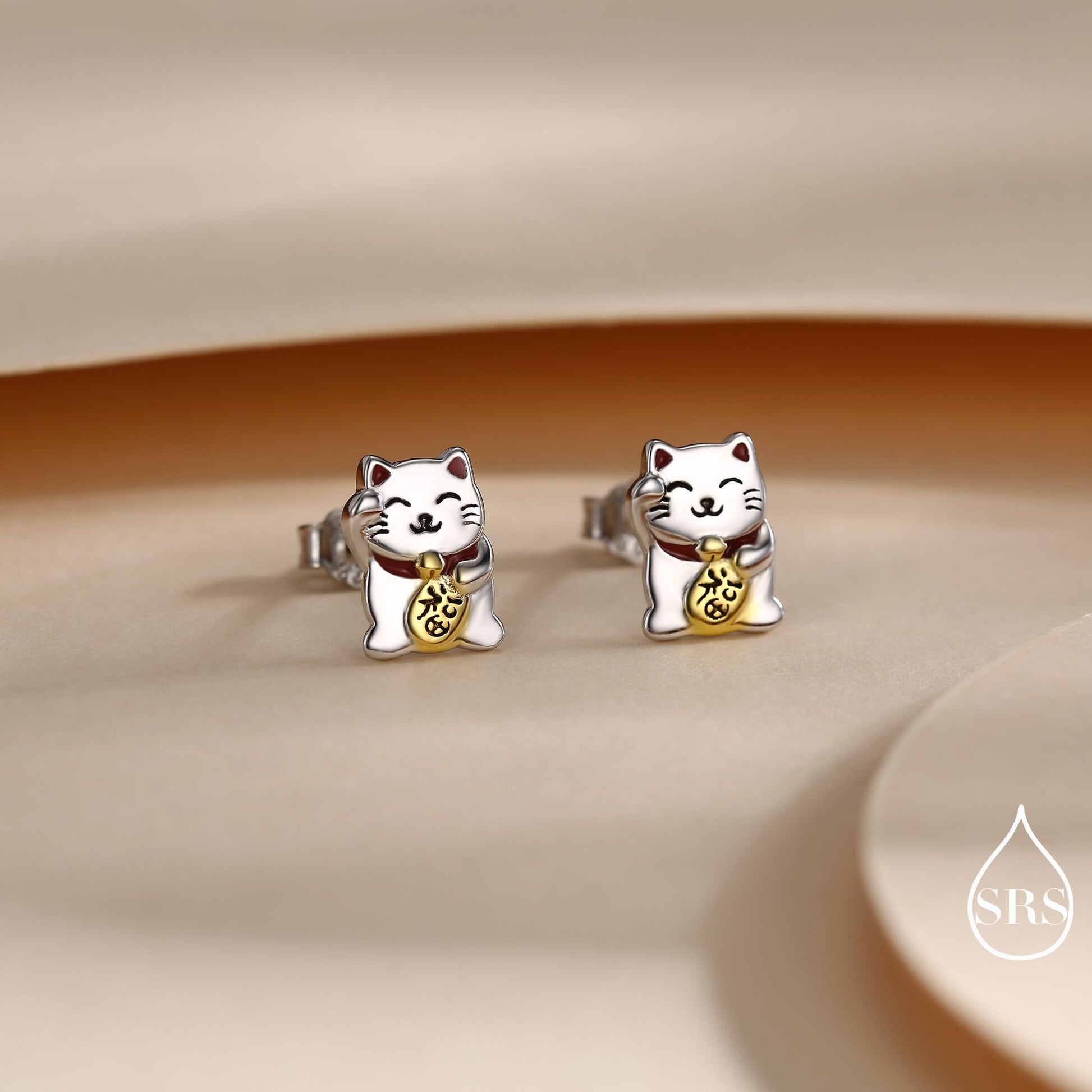 Super Cute Japanese Maneki-neko Cat Stud Earrings in Sterling Silver - Animal Stud Earrings - Cute Money Cat, Waving Cat Stud, Cat Earrings