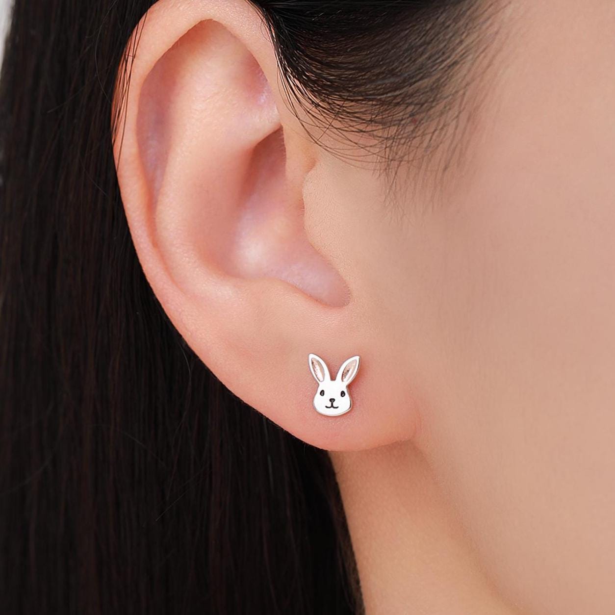 Cute Bunny Head Earrings in Sterling Silver, Silver and Rose Gold, Rabbit Stud Earrings, Rabbit Head Earrings, Animal Earrings