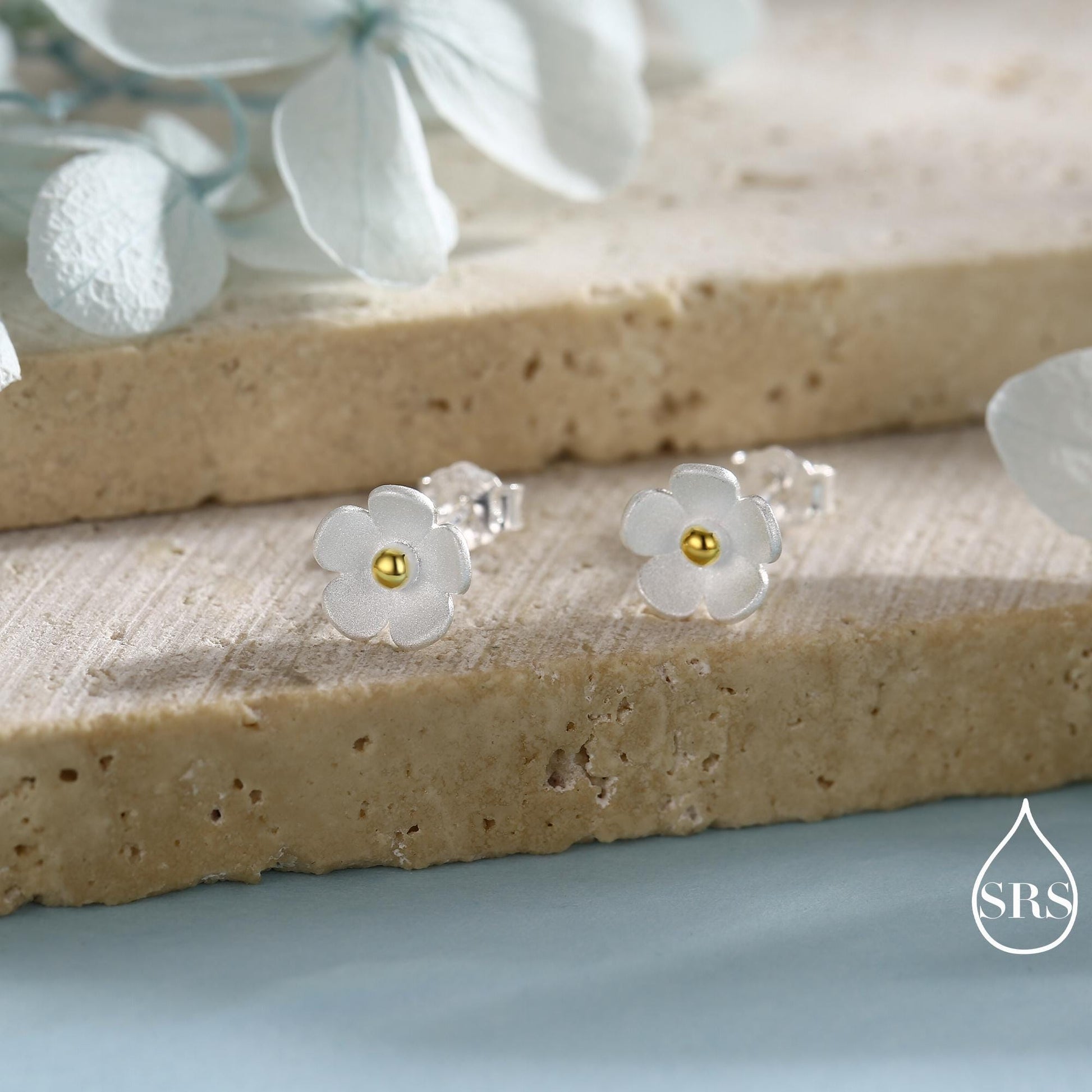 Sterling Silver Forget-me-not Flower Stud Earrings, Nature Inspired Blossom Earrings, Cute and Quirky