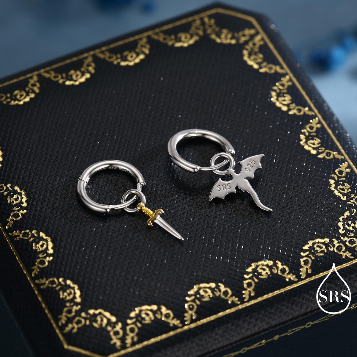 Mismatched Dragon and Sword Huggie Hoops in Sterling Silver, Detachable Asymmetric Dragon and Sword Hoop Earrings