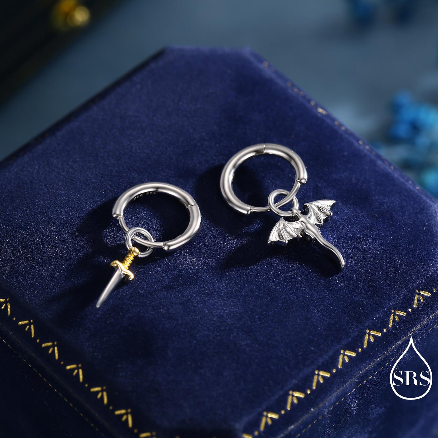 Mismatched Dragon and Sword Huggie Hoops in Sterling Silver, Detachable Asymmetric Dragon and Sword Hoop Earrings