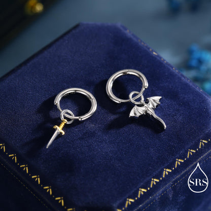 Mismatched Dragon and Sword Huggie Hoops in Sterling Silver, Detachable Asymmetric Dragon and Sword Hoop Earrings