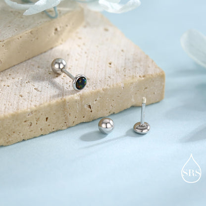 3mm Black Opal Screw Back Earrings in Sterling Silver, Small Opal Stud, Comsic Black Opal Screw Back Earrings, Fire Opal