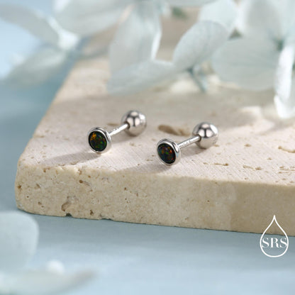 3mm Black Opal Screw Back Earrings in Sterling Silver, Small Opal Stud, Comsic Black Opal Screw Back Earrings, Fire Opal