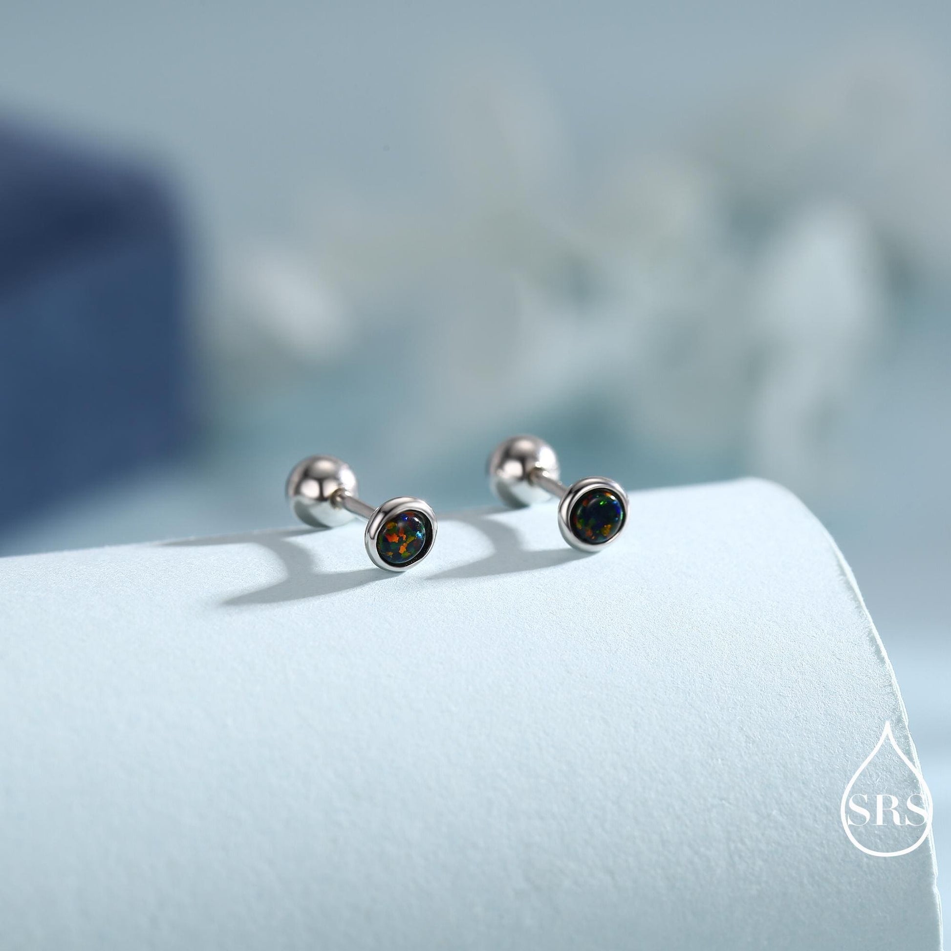 3mm Black Opal Screw Back Earrings in Sterling Silver, Small Opal Stud, Comsic Black Opal Screw Back Earrings, Fire Opal