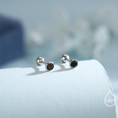 3mm Black Opal Screw Back Earrings in Sterling Silver, Small Opal Stud, Comsic Black Opal Screw Back Earrings, Fire Opal