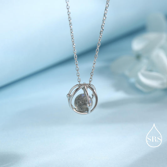Planet Necklace in Sterling Silver with Labradorite, Saturn Necklace, Space Necklace