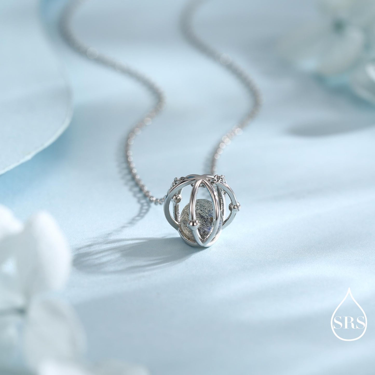 Planet Necklace in Sterling Silver with Labradorite, Saturn Necklace, Space Necklace