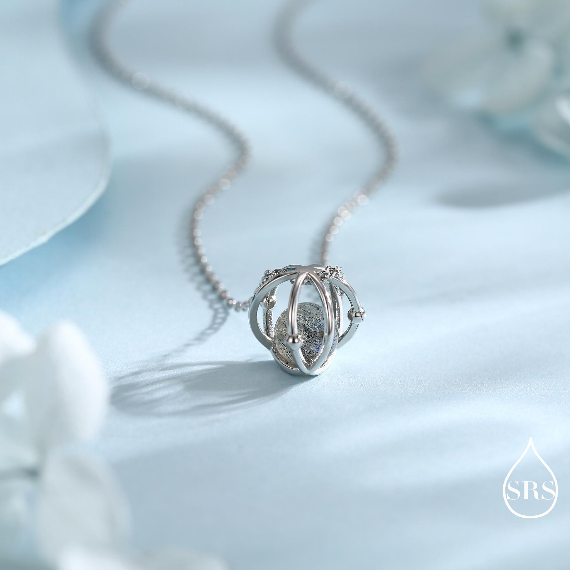 Planet Necklace in Sterling Silver with Labradorite, Saturn Necklace, Space Necklace