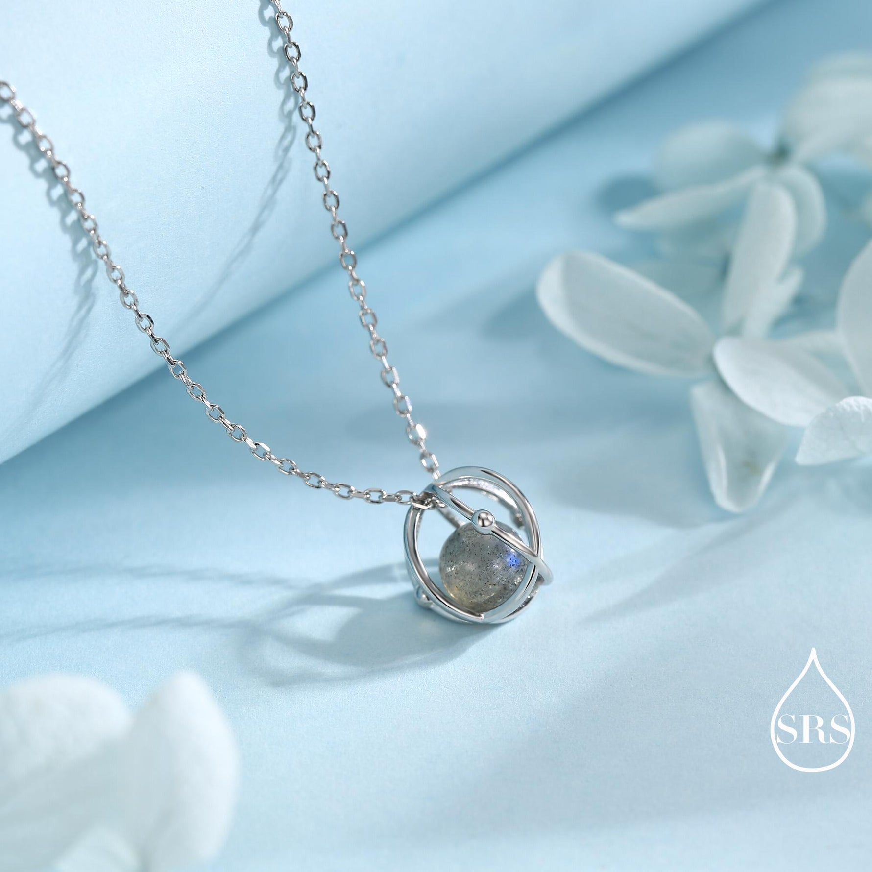 Planet Necklace in Sterling Silver with Labradorite, Saturn Necklace, Space Necklace