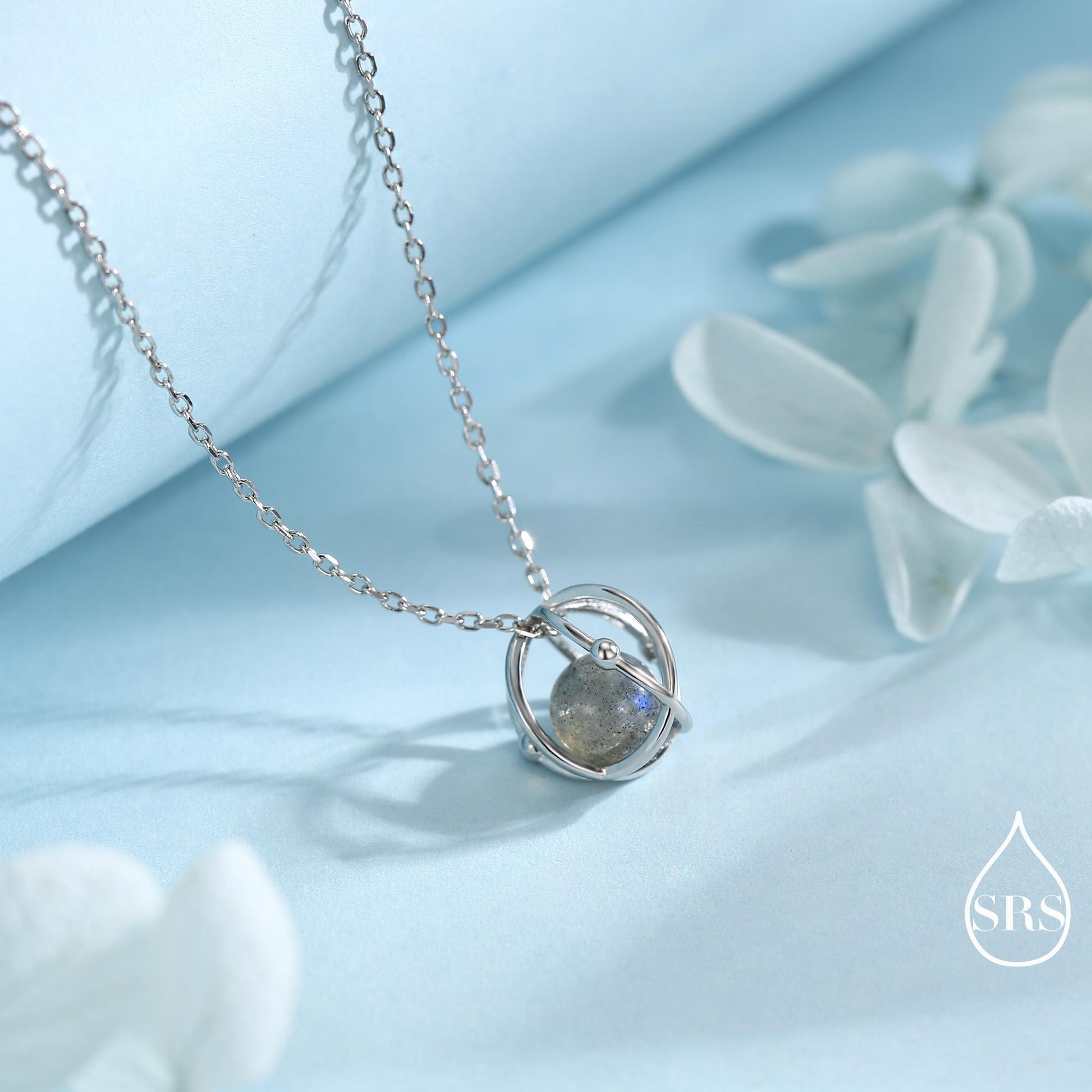 Planet Necklace in Sterling Silver with Labradorite, Saturn Necklace, Space Necklace