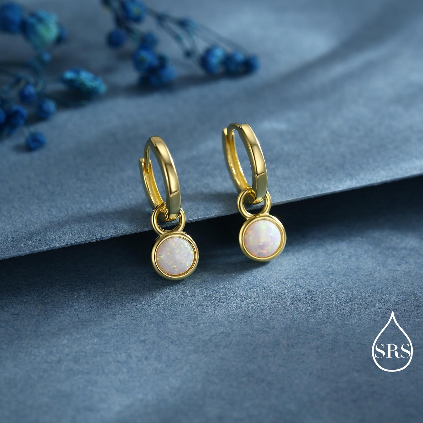 Sterling Silver Dangling White Opal Hoop Earrings, Detachable Fire Opal Charm Dangle Hoop Earrings, Silver or Gold, Interchangeable