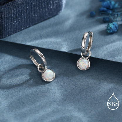 Sterling Silver Dangling White Opal Hoop Earrings, Detachable Fire Opal Charm Dangle Hoop Earrings, Silver or Gold, Interchangeable