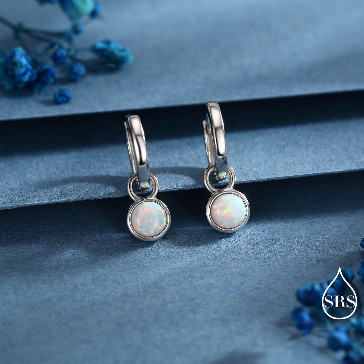 Sterling Silver Dangling White Opal Hoop Earrings, Detachable Fire Opal Charm Dangle Hoop Earrings, Silver or Gold, Interchangeable