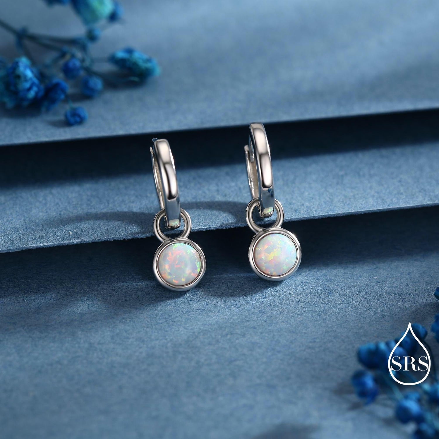 Sterling Silver Dangling White Opal Hoop Earrings, Detachable Fire Opal Charm Dangle Hoop Earrings, Silver or Gold, Interchangeable