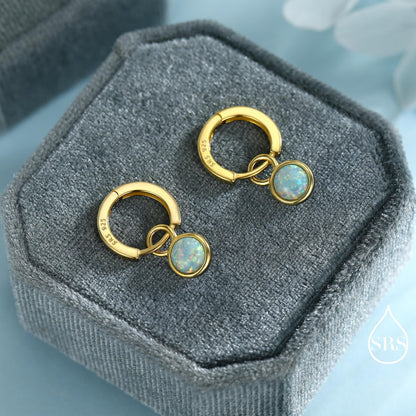 Sterling Silver Dangling Green Opal Hoop Earrings, Detachable Fire Opal Charm Dangle Hoop Earrings, Silver or Gold, Interchangeable