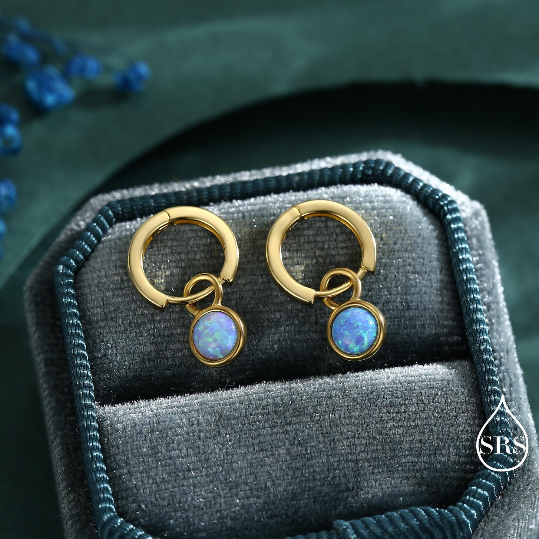Sterling Silver Dangling Blue Opal Hoop Earrings, Detachable Charm Dangle Hoop Earrings, Silver or Gold, Interchangeable