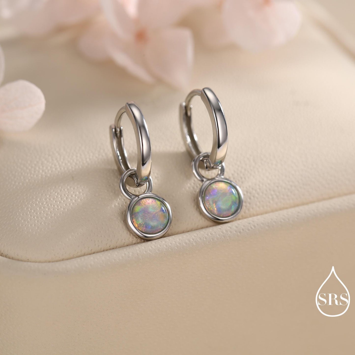 Sterling Silver Dangling Opal Hoop Earrings, Detachable Charm Dangle Hoop Earrings, Silver, Gold or Rose Gold, Interchangeable