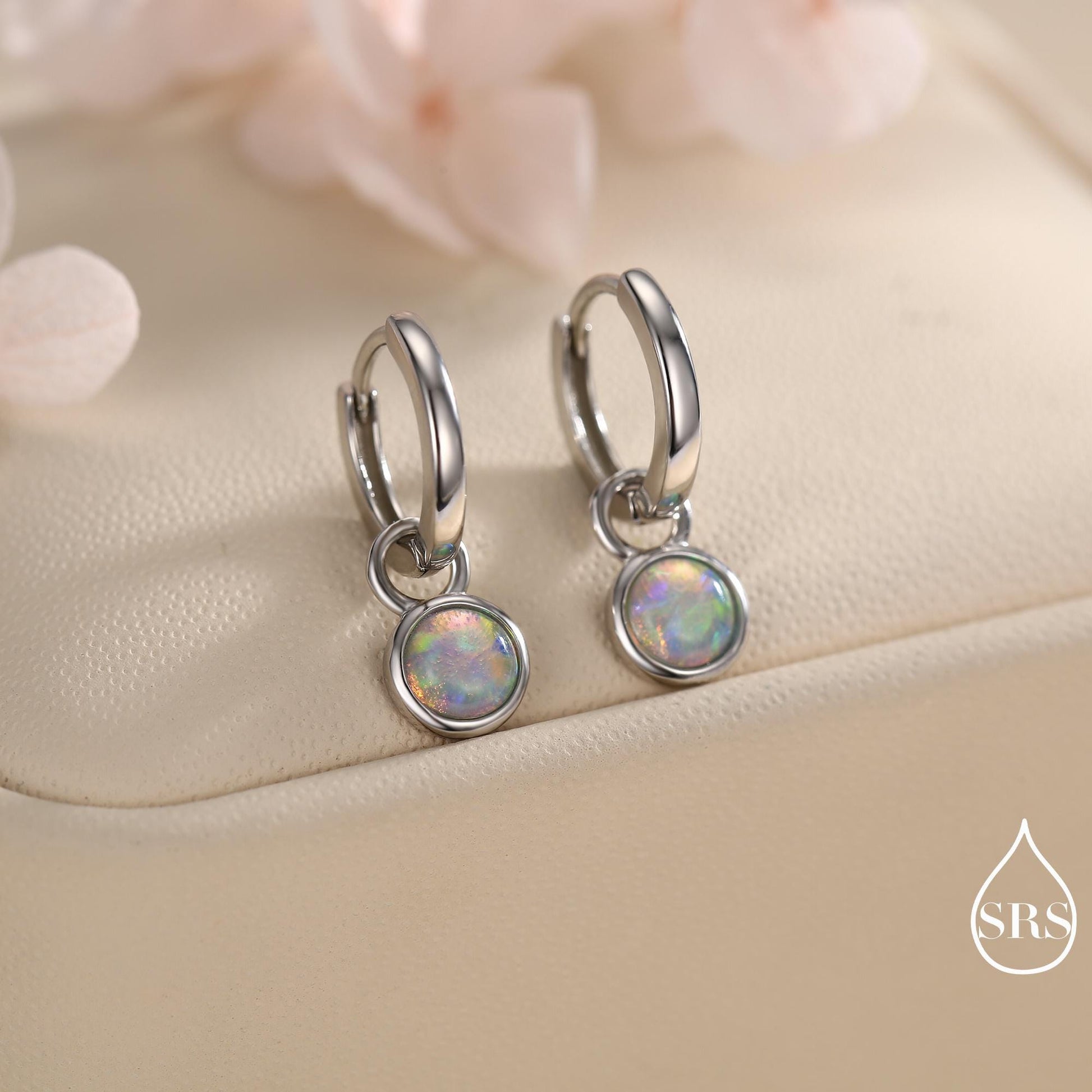 Sterling Silver Dangling Opal Hoop Earrings, Detachable Charm Dangle Hoop Earrings, Silver, Gold or Rose Gold, Interchangeable