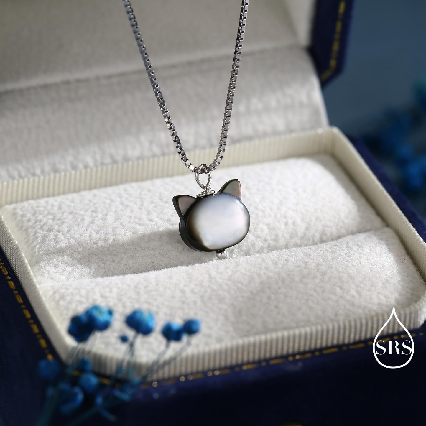 Super Cute Kitty Cat Carved Mother of Pearl Shell Pendant Necklace in Sterling Silver -Black Natural Shell - Cute and Quirky