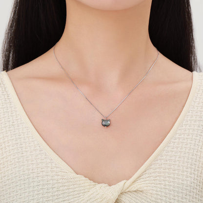 Super Cute Kitty Cat Carved Mother of Pearl Shell Pendant Necklace in Sterling Silver -Black Natural Shell - Cute and Quirky