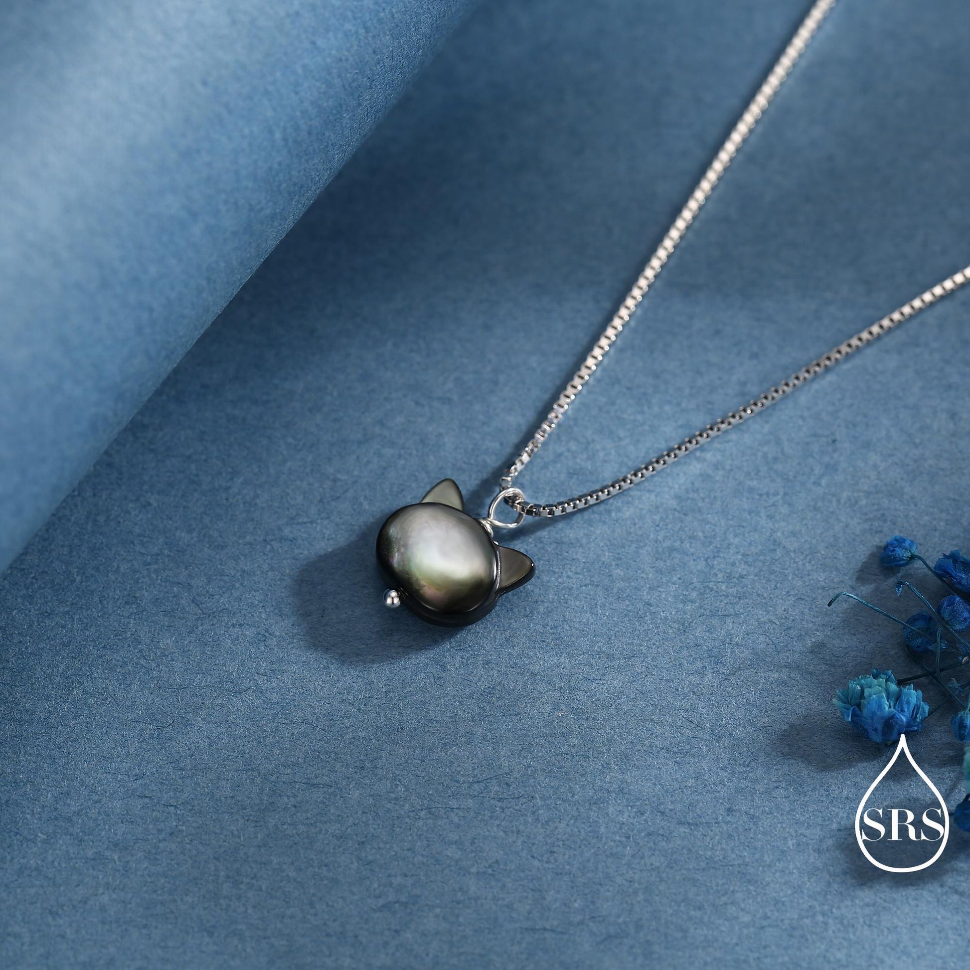 Super Cute Kitty Cat Carved Mother of Pearl Shell Pendant Necklace in Sterling Silver -Black Natural Shell - Cute and Quirky