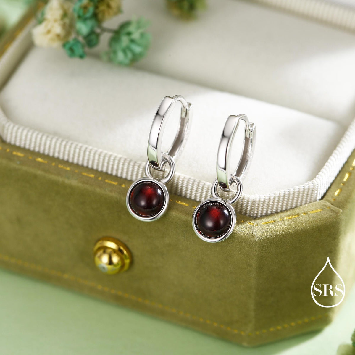 Sterling Silver Dangling Red Garnet Hoop Earrings, Detachable Genuine Garnet Coin Dangle Hoop Earrings, Silver, Interchangeable