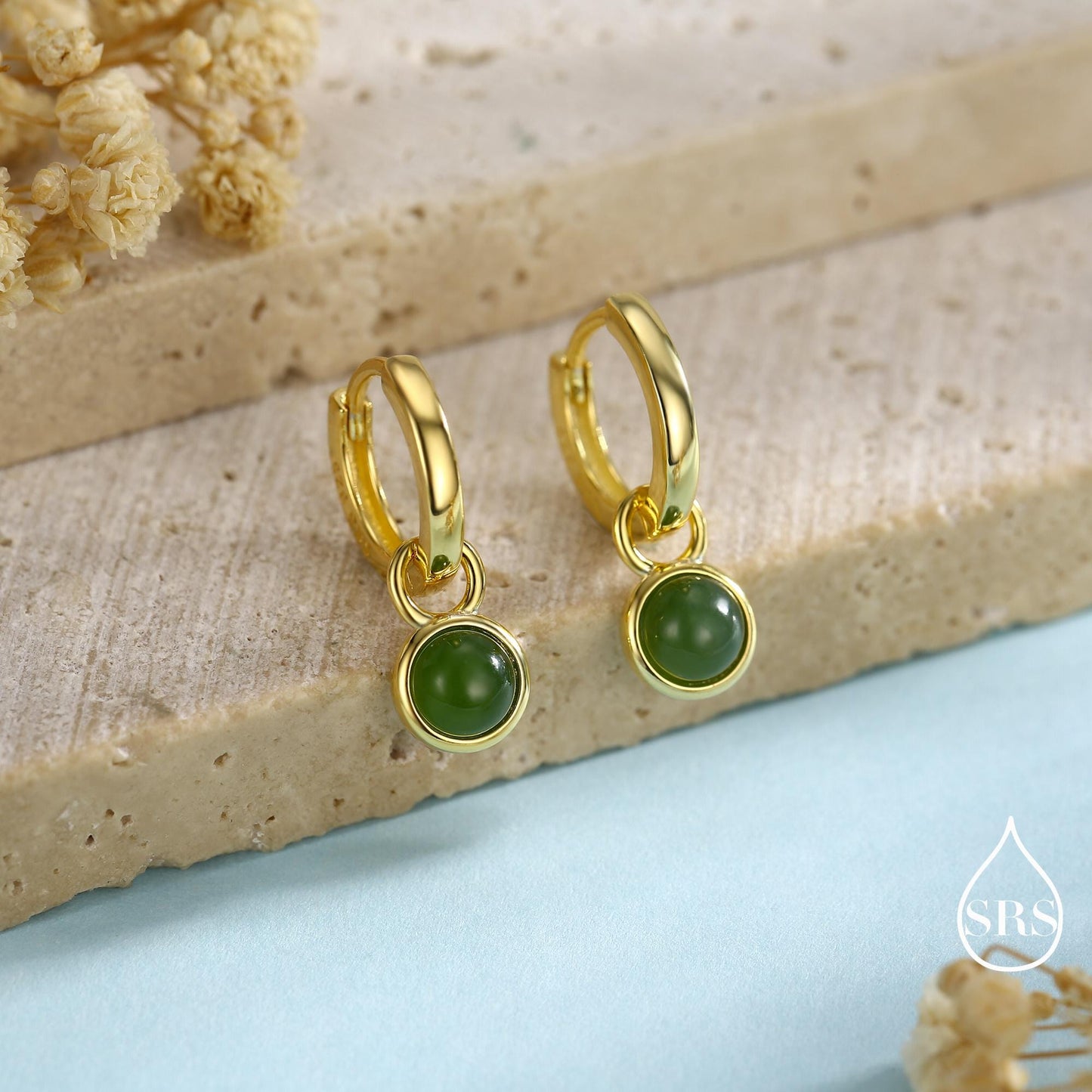Sterling Silver Dangling Jade Hoop Earrings, Detachable Genuine Green Jade Coin Charm Dangle Hoop Earrings, Silver or Gold, Interchangeable