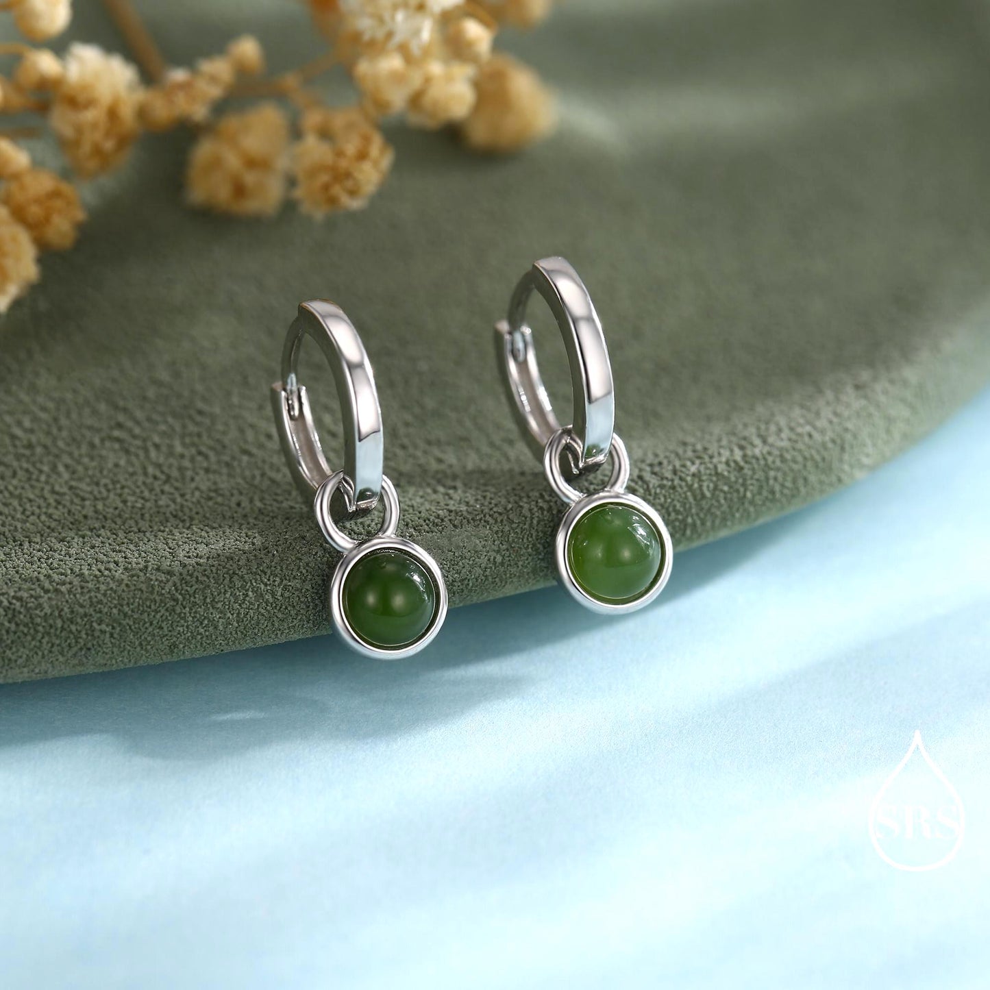 Sterling Silver Dangling Jade Hoop Earrings, Detachable Genuine Green Jade Coin Charm Dangle Hoop Earrings, Silver or Gold, Interchangeable