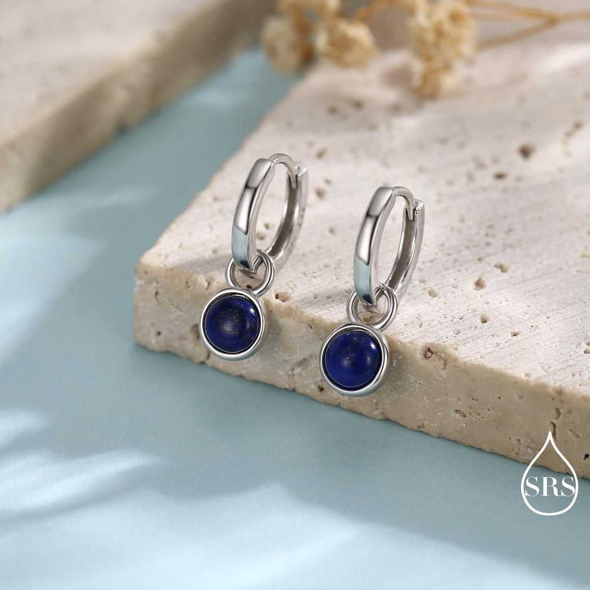Sterling Silver Dangling Lapis Lazuli Hoop Earrings, Detachable Blue Lapis Coin Dangle Hoop Earrings, Interchangeable