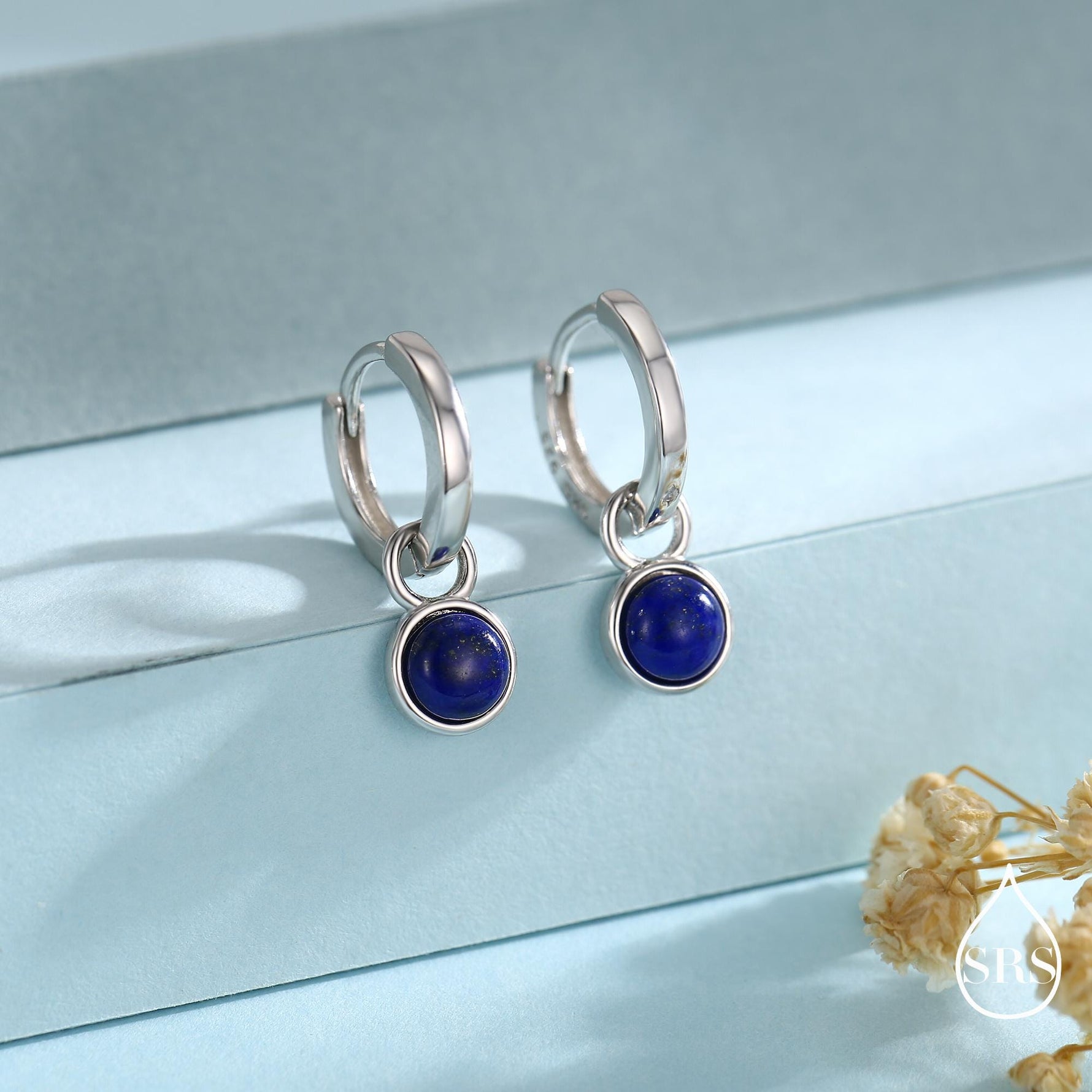 Sterling Silver Dangling Lapis Lazuli Hoop Earrings, Detachable Blue Lapis Coin Dangle Hoop Earrings, Interchangeable