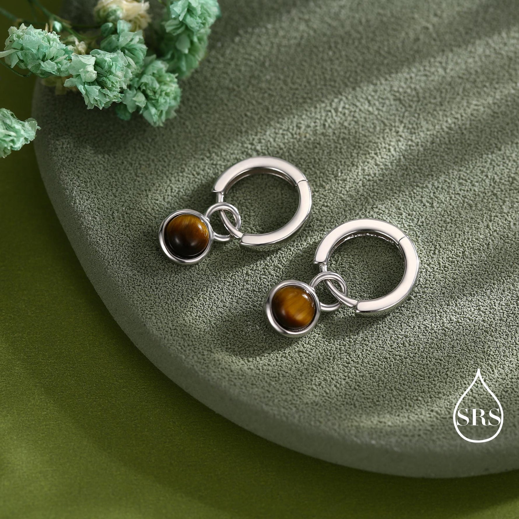 Sterling Silver Dangling Tiger's Eye Hoop Earrings, Detachable Tiger's Eye Coin Dangle Hoop Earrings, Interchangeable