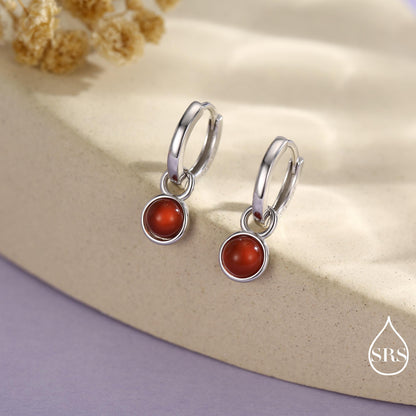 Sterling Silver Dangling Red Onyx Hoop Earrings, Detachable Carnelian Coin Dangle Hoop Earrings, Interchangeable Hoops