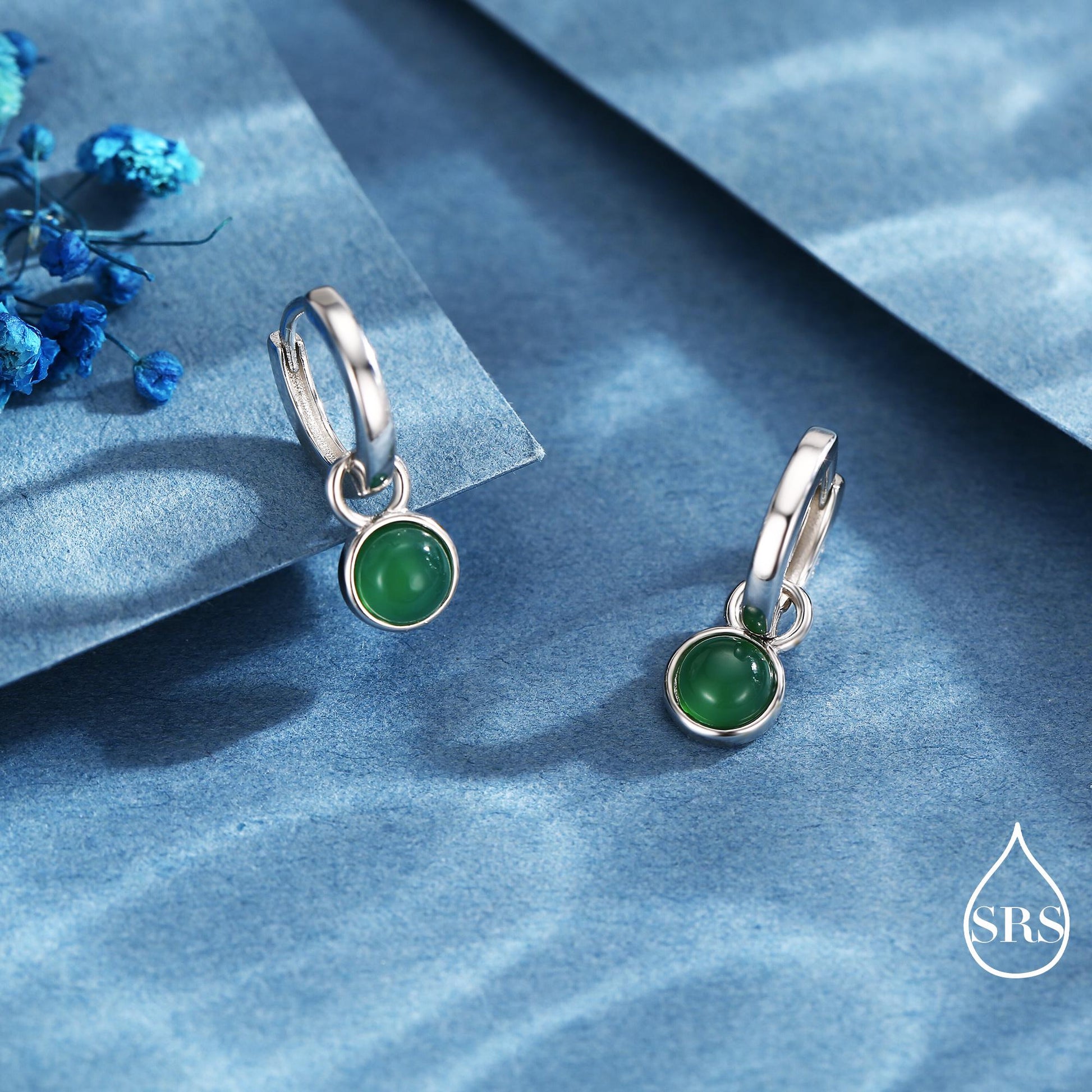 Sterling Silver Dangling Green Onyx Hoop Earrings, Detachable Green Onyx Coin Dangle Hoop Earrings, Silver or Gold, Interchangeable